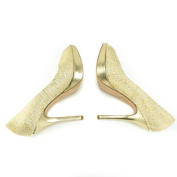 DIOR: Gold, Brocade Peep-Toe Logo Heels/Pumps - Picture 7 of 8
